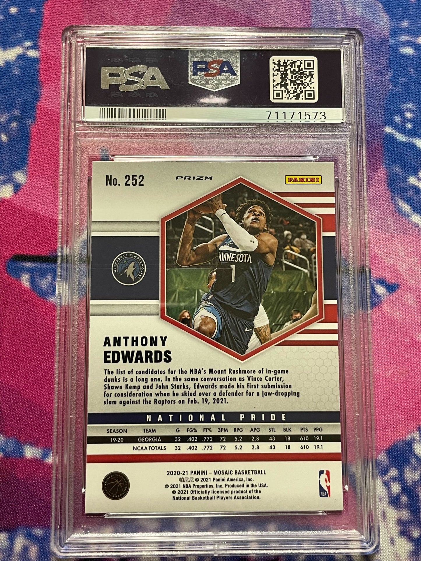 2020 Mosaic Anthony Edwards Red Wave Rookie Short Print PSA 10