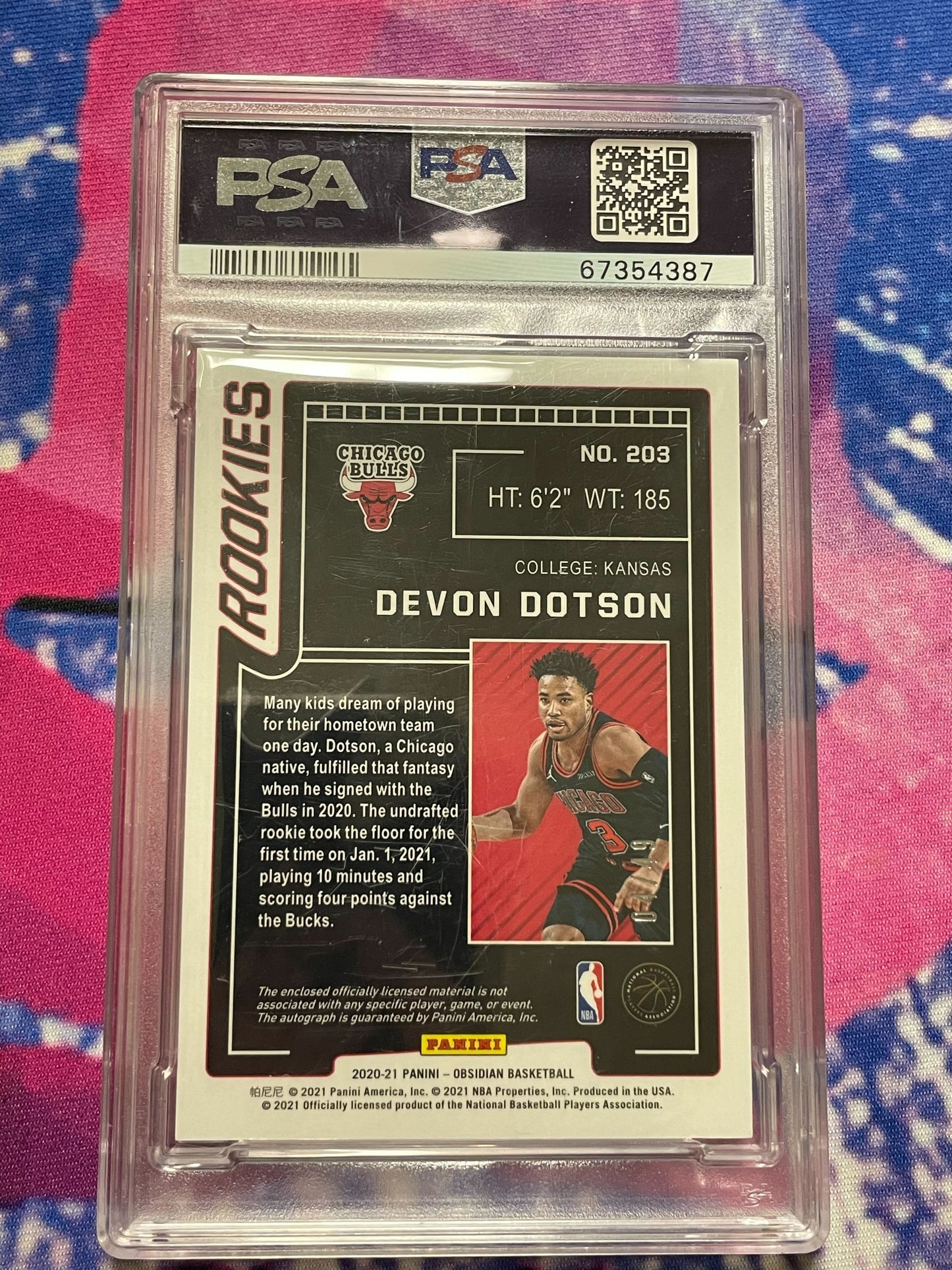 2020 Obsidian Devon Dotson Rookie Jersey Auto E/E Purple 4/49 PSA 9