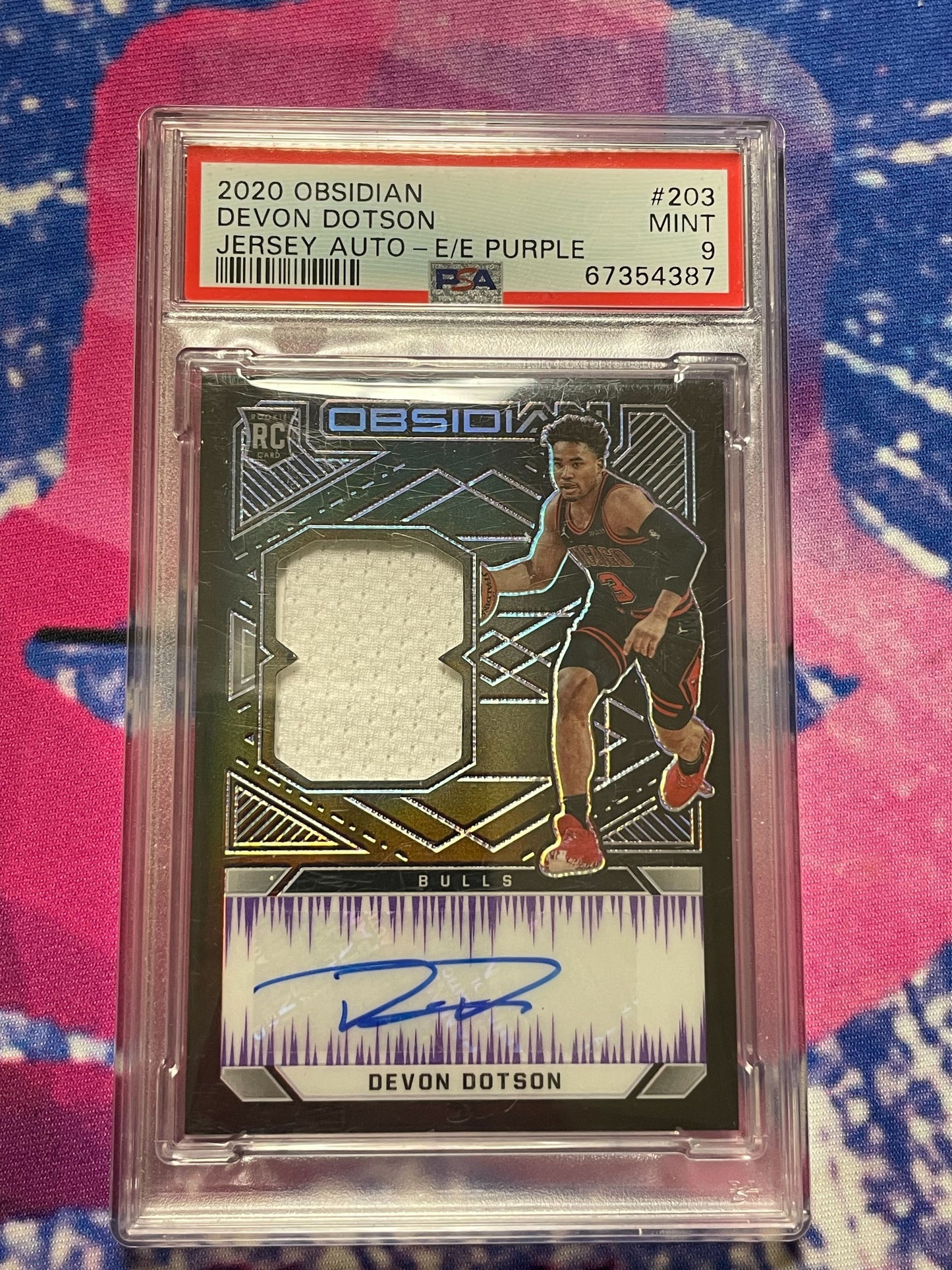 2020 Obsidian Devon Dotson Rookie Jersey Auto E/E Purple 4/49 PSA 9