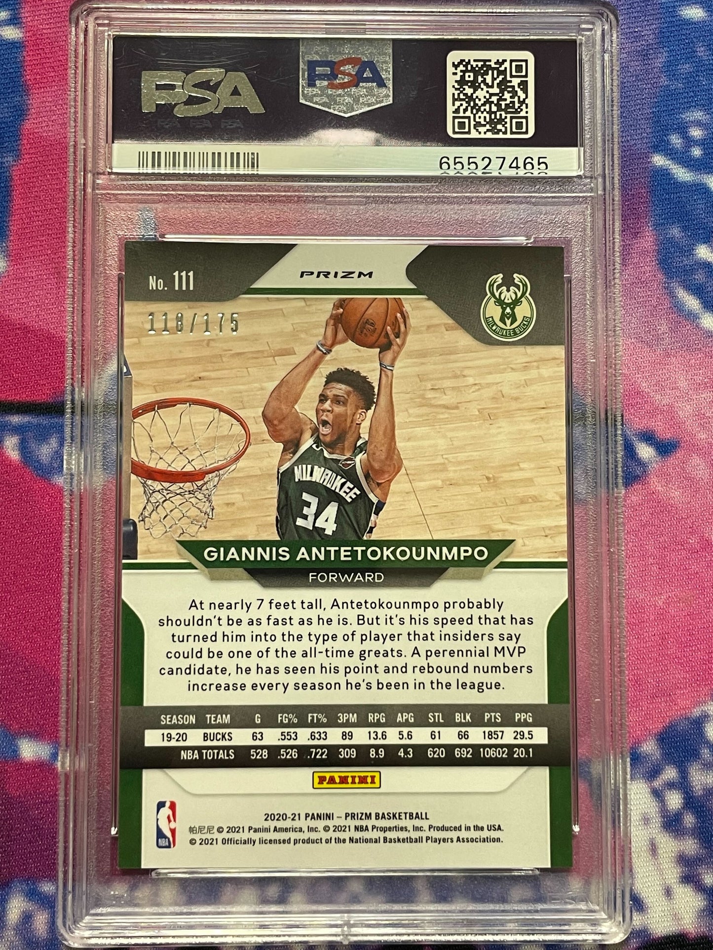 2020 Panini Prizm Giannis Antetokounmpo Blue Fast Break Prizm 118/175 PSA 10