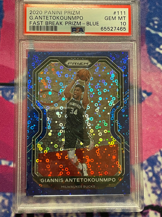 2020 Panini Prizm Giannis Antetokounmpo Blue Fast Break Prizm 118/175 PSA 10