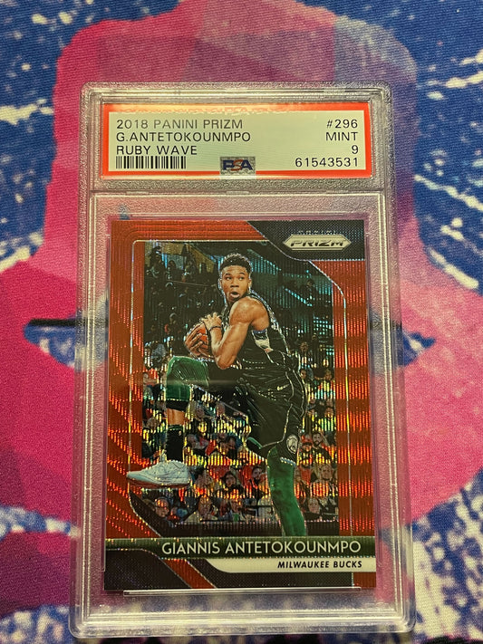 2018 Panini Prizm Giannis Antetokounmpo Ruby Wave PSA 9