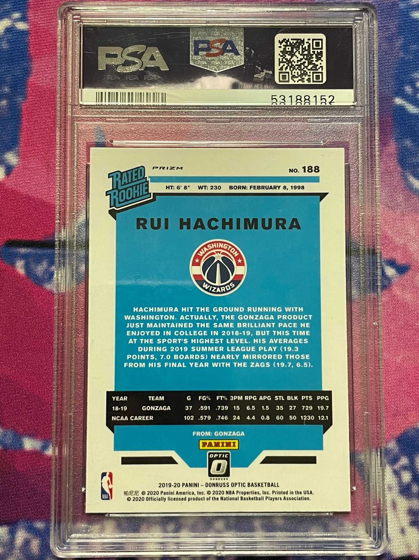 2019 Panini Donruss Optic Rui Hachimura Blue Velocity PSA 10