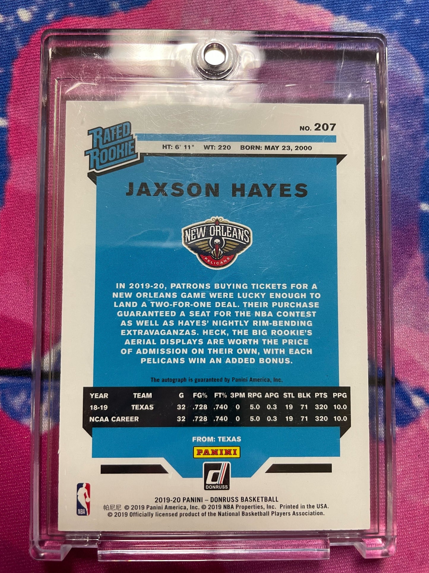 2019-2020 Panini Donruss Jaxson Hayes Rated Rookie Auto (Card ships in top loader, the one-touch is not included unless otherwise noted)