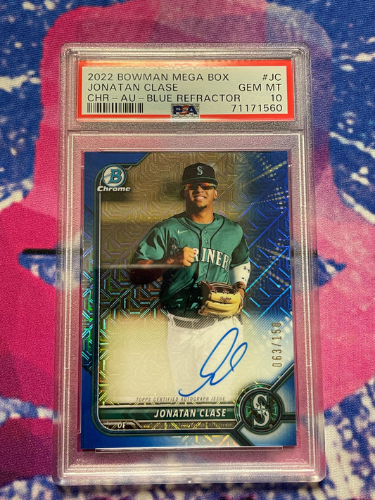 2022 Bowman Mega Box Jonatan Clase Chrome Auto Blue Refractor 63/150 PSA 10