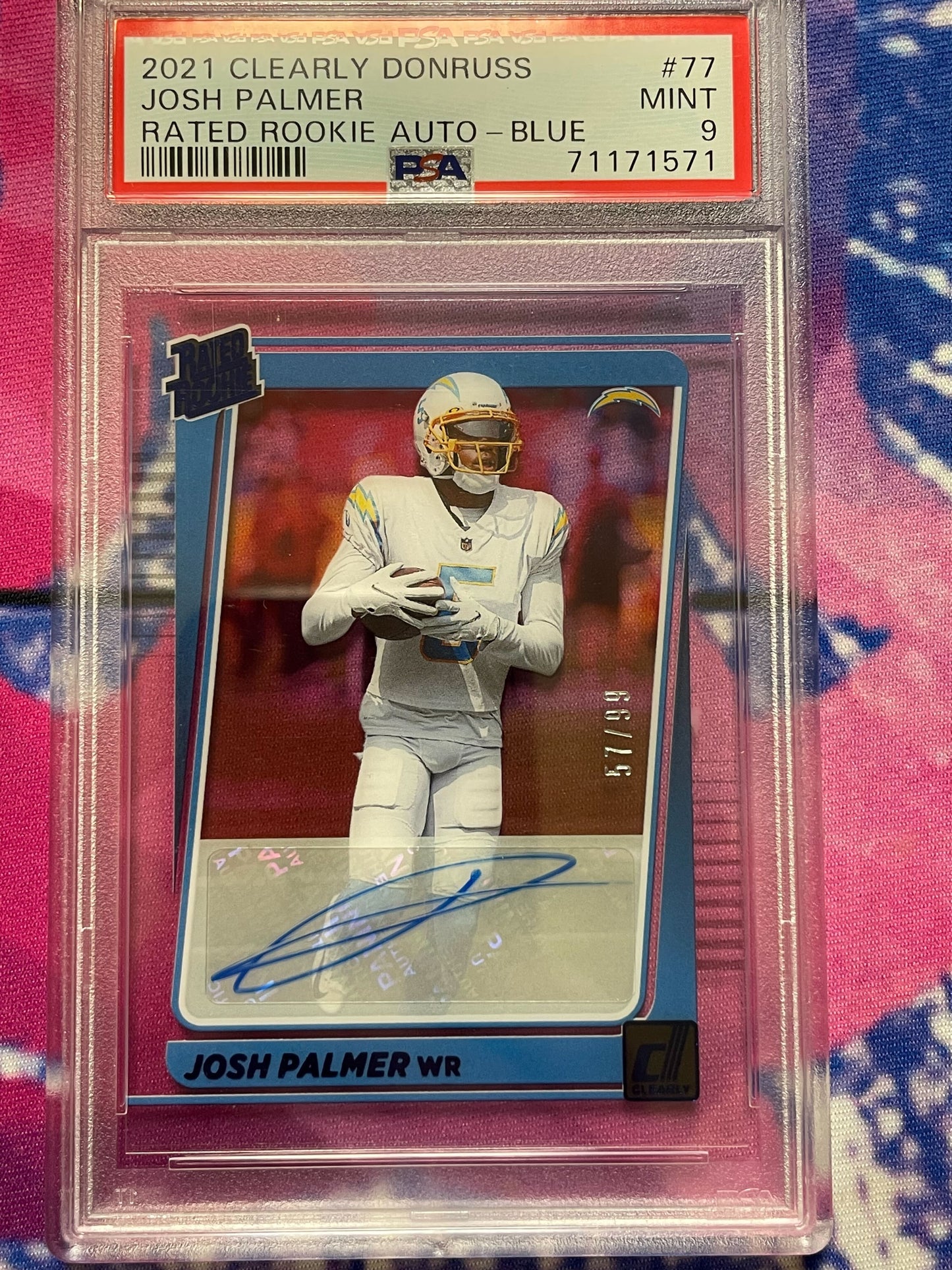 2021 Clearly Donruss Josh Palmer WR Rated Rookie Blue Auto 57/99 PSA 9