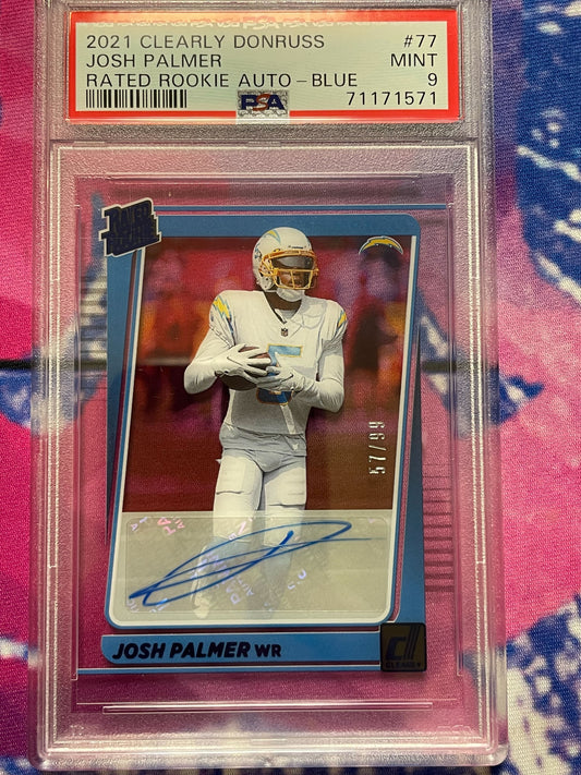 2021 Clearly Donruss Josh Palmer WR Rated Rookie Blue Auto 57/99 PSA 9