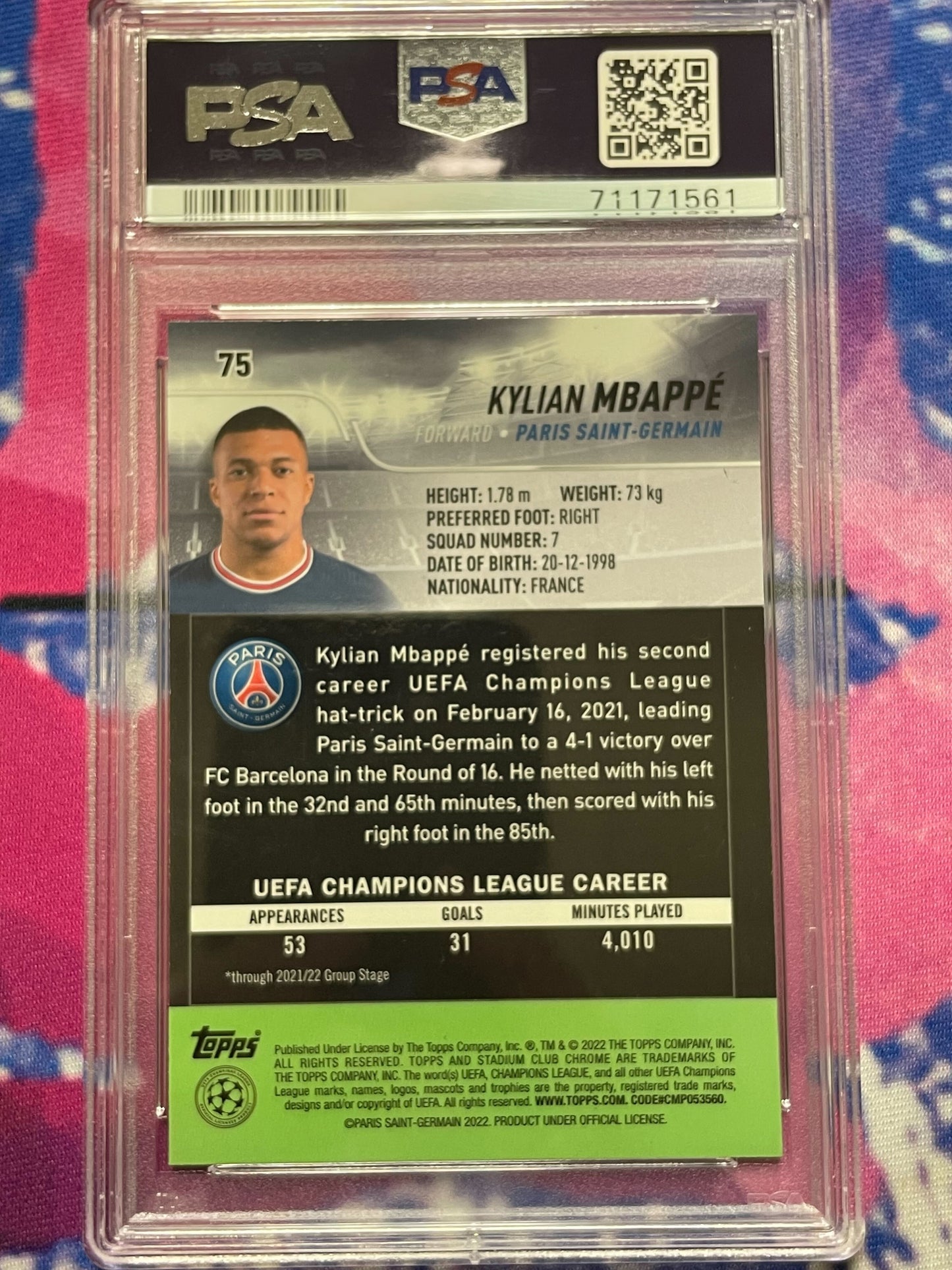 2021-2022 Kylian Mbappe Topps Stadium Club Chrome Blue Prizm Refractor PSA 9