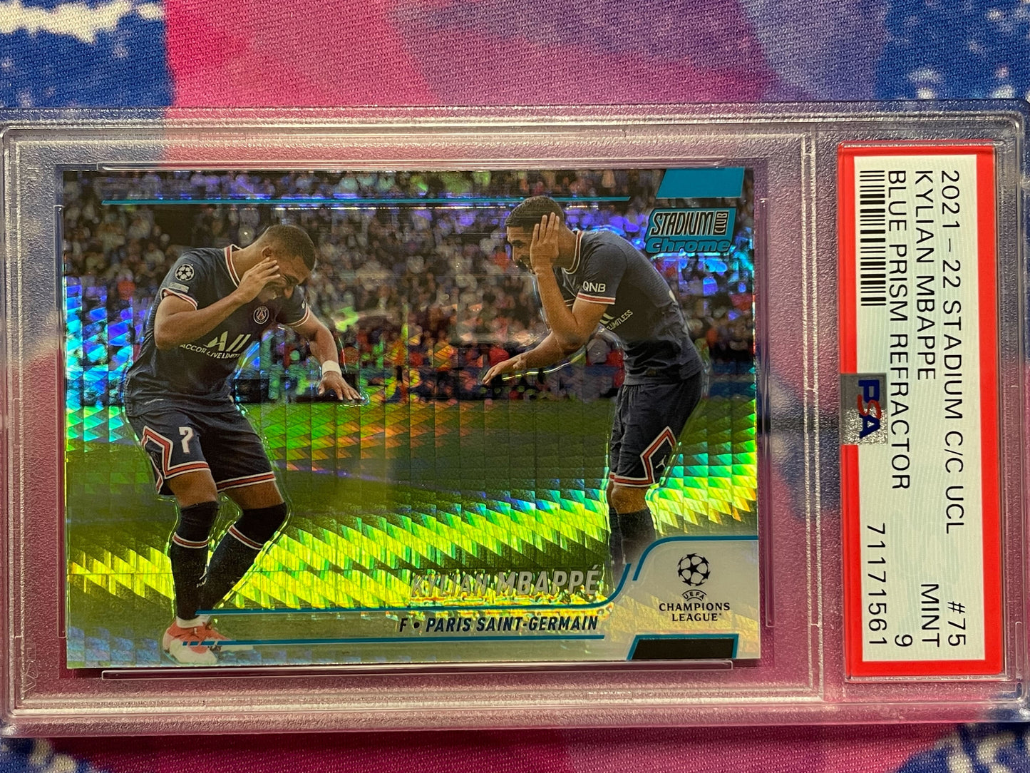 2021-2022 Kylian Mbappe Topps Stadium Club Chrome Blue Prizm Refractor PSA 9