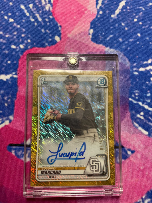 2020 Topps Tucupita Marcano Bowman Chrome First Auto Gold 25/50 (Card ships in top loader, the one-touch is not included unless otherwise noted)